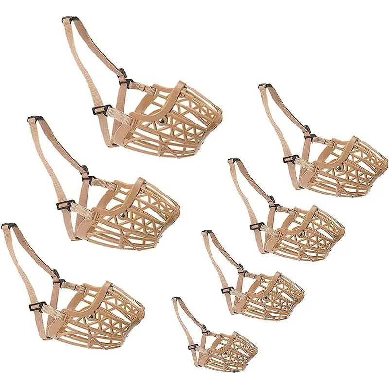 Light Plastic Basket Muzzle Adjustable Dog Muzzle For Dogs, Khaki,Pack Of 7 Small