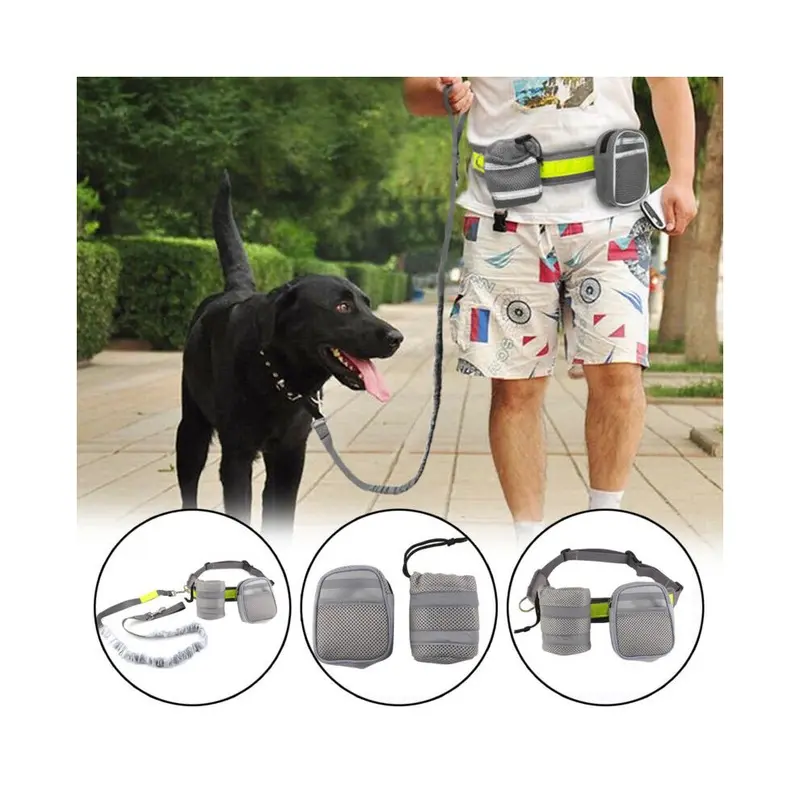 Grey Adjustable Hands Free Dog Lead Walking Running Jogging Waist Belt Leash + Bag Uk