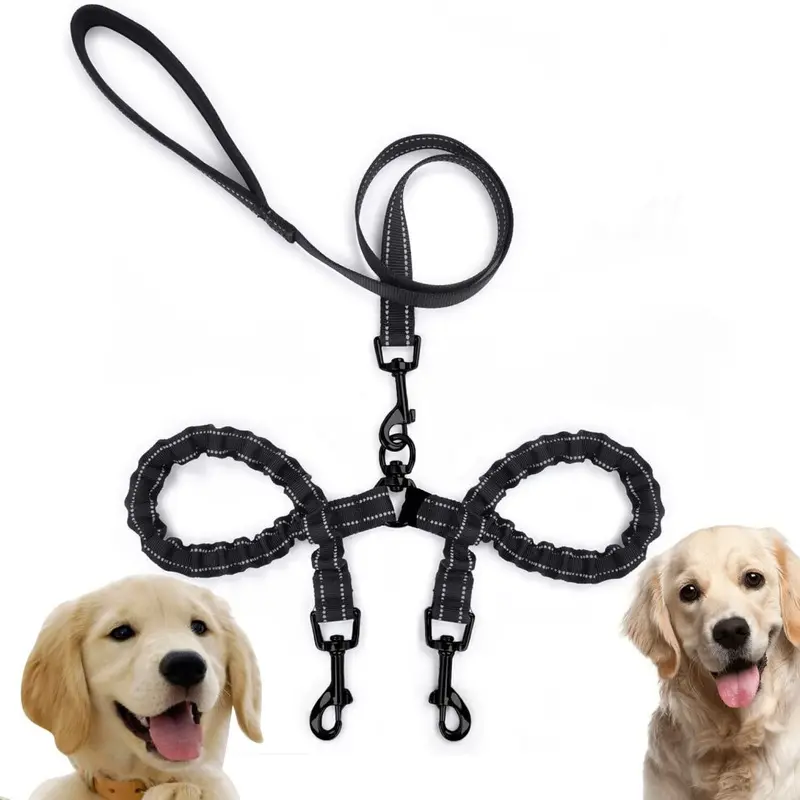 Bedee Black Double Dog Lead, Dog Training Lead Adjustable Elastic Nylon Dog Lead