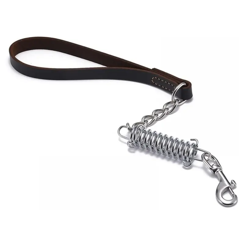 Brown Cowhide Stainless Steel Dog Chain With Spring Buffer Medium