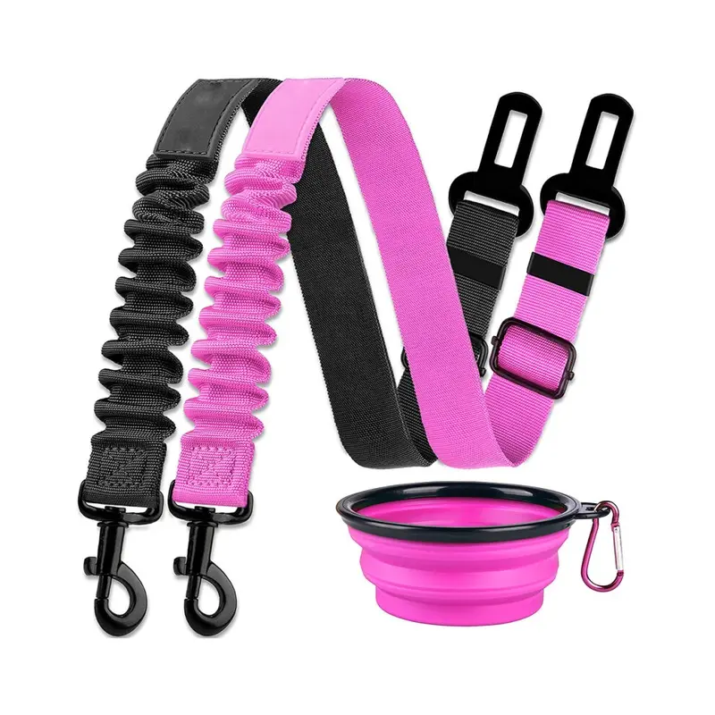 Zeuxo Pink/Black 3-Piece Dog Car Seat Belt, Adjustable Pet Seat Belt - And