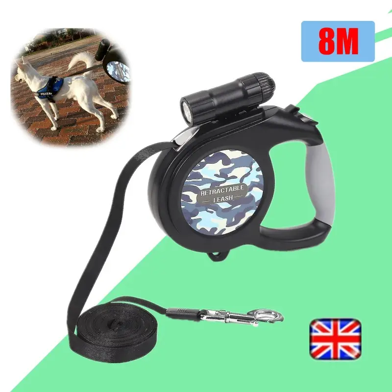 Black 8M Dog Lead Leash Strong Retractable Extendable Lockable Tape Large