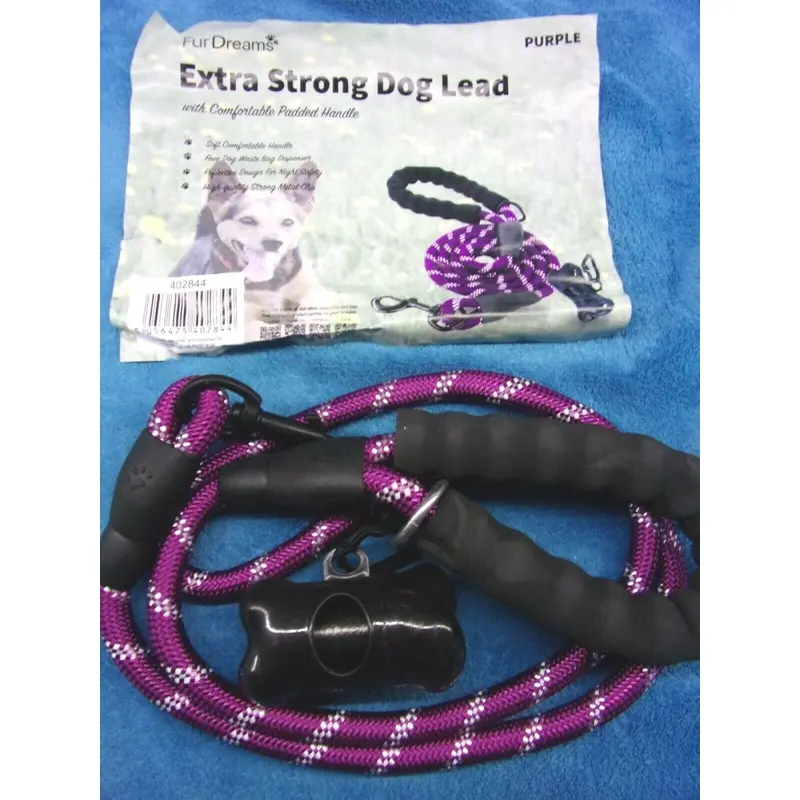 Fur DREAMS extra strong DOG LEAD with PADDED HANDLE & BAG DISPENSER purple BNIP