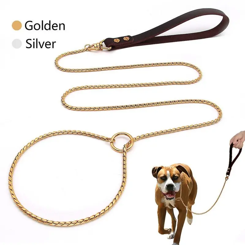 Gold (Gold) Dog Slip Leash Lead With Leather Handle Pet P Leash No Collar Needed