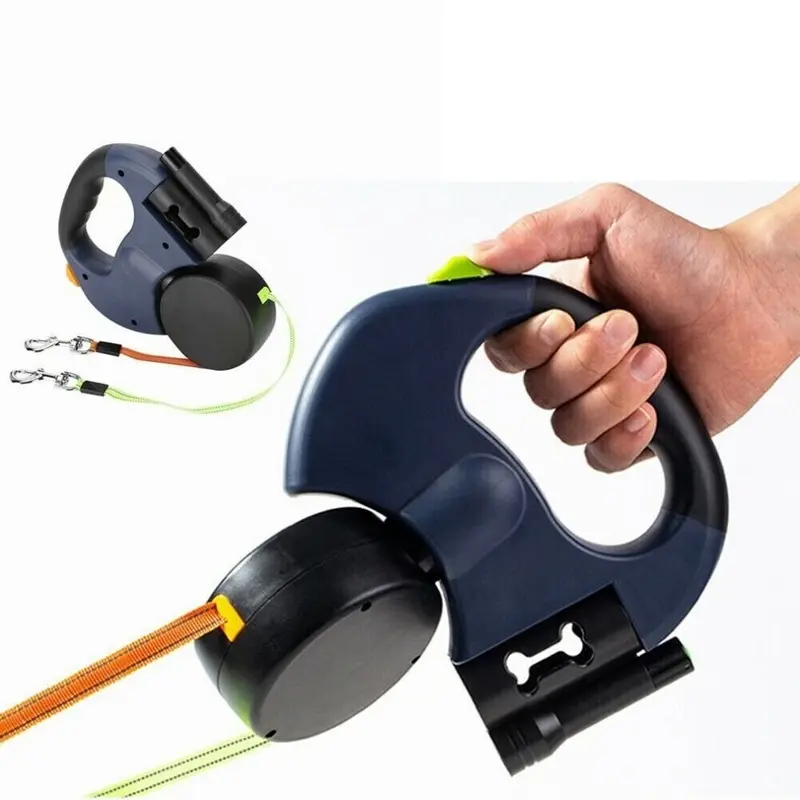 Bedee Blue Double Headed Retractable Dog Lead With Flashlight Reflective Leade 3M