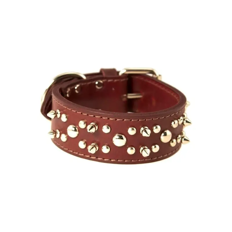Catlady Red X 28 In. Latigo Spike & Stud Dog Collar, Burgundy Size 1.75