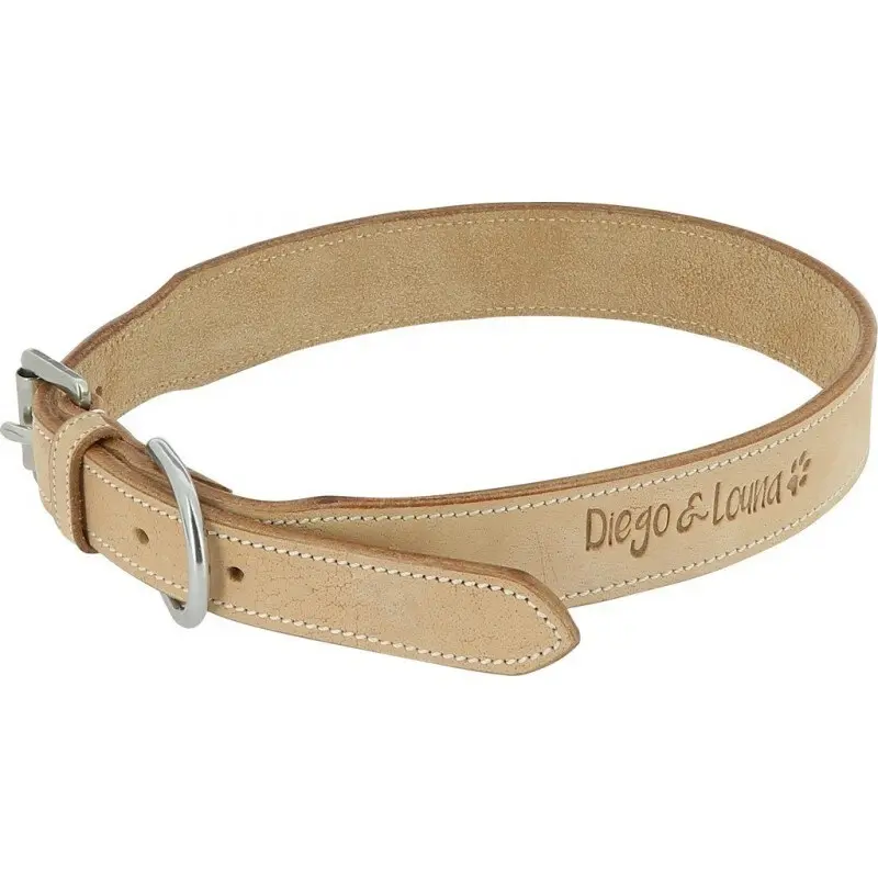Diego & Louna Beige Natural Leather Dog Collar
