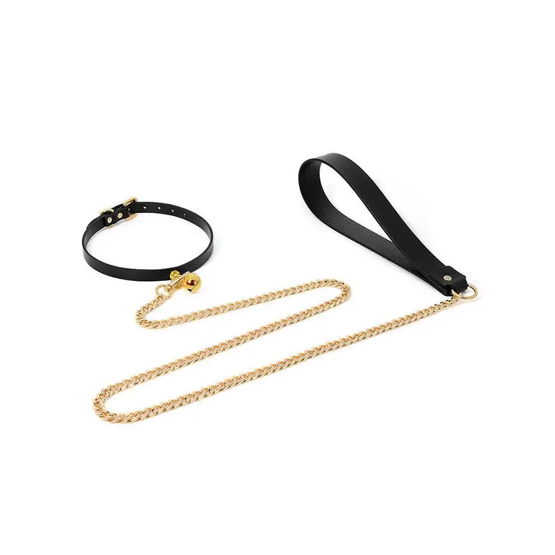 House Of Glass Black/Gold And Contrast Faux Leather Collar And Leash