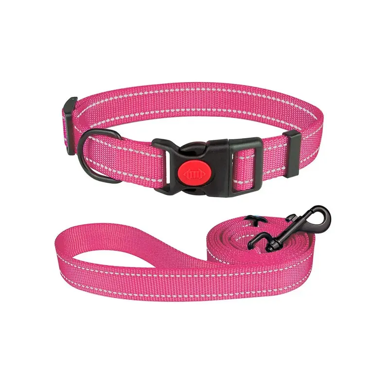 Zeuxo Pink 2Pcs Pet Collar Adjustable Reflective Dog Harness And Leash Set- Size 2