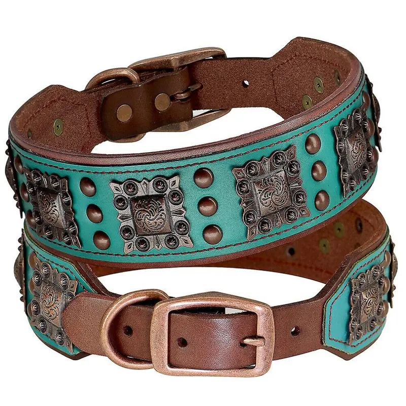 Green (Xl:neck For 47-55Cm, ) Wide Heavy Duty Leather Studded Dog Collar
