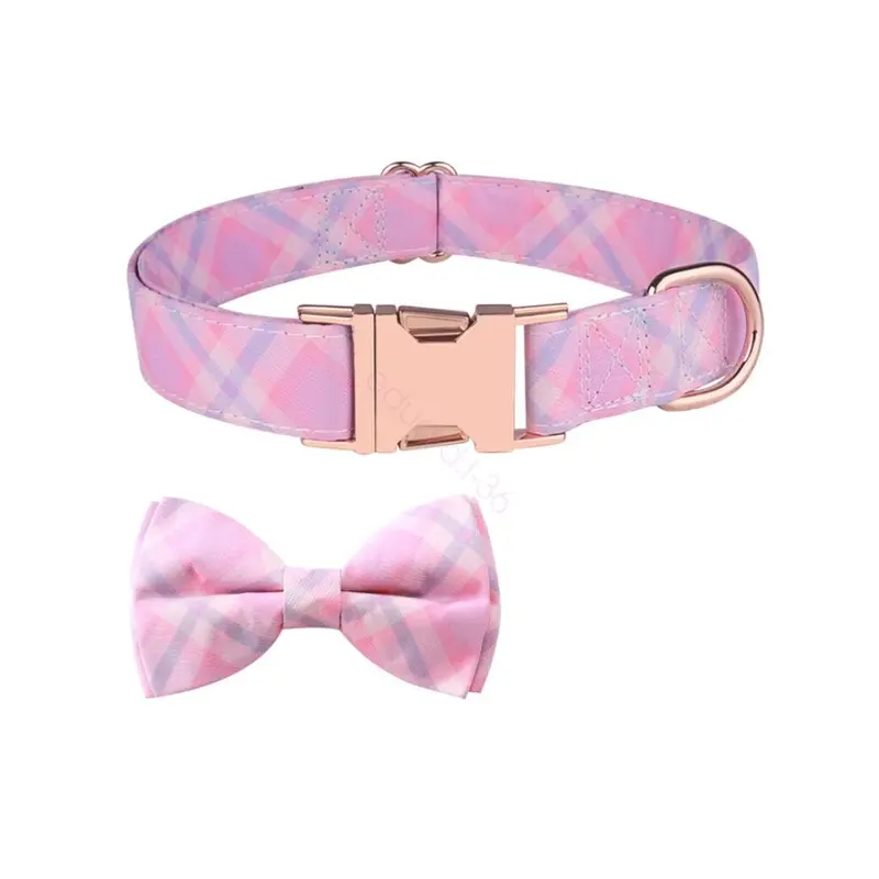 (S, #7) Personalized Dog Collar Bow Tie Engraved Custom Id Tag Name / Number Plaid Small