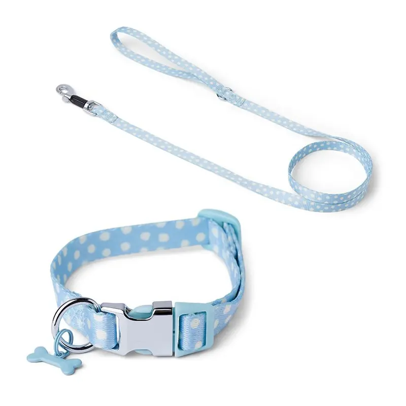 Just For Puppy Spot Puppy Collar & Lead Set With Bone Charm Blue Xx Small/X Small