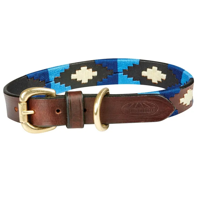 Weatherbeeta Polo Leather Dog Collar Cowdray / - Brown/Blue Large