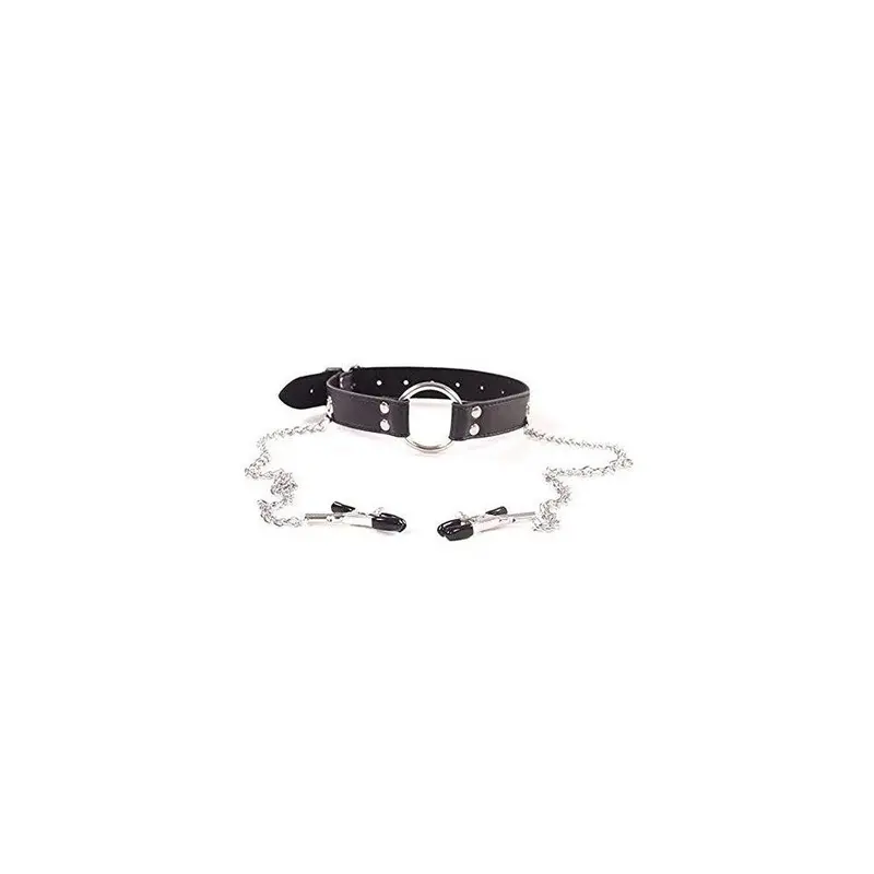 Black Adult Leather Collar Collar With Split Ring Nip Ple Clip