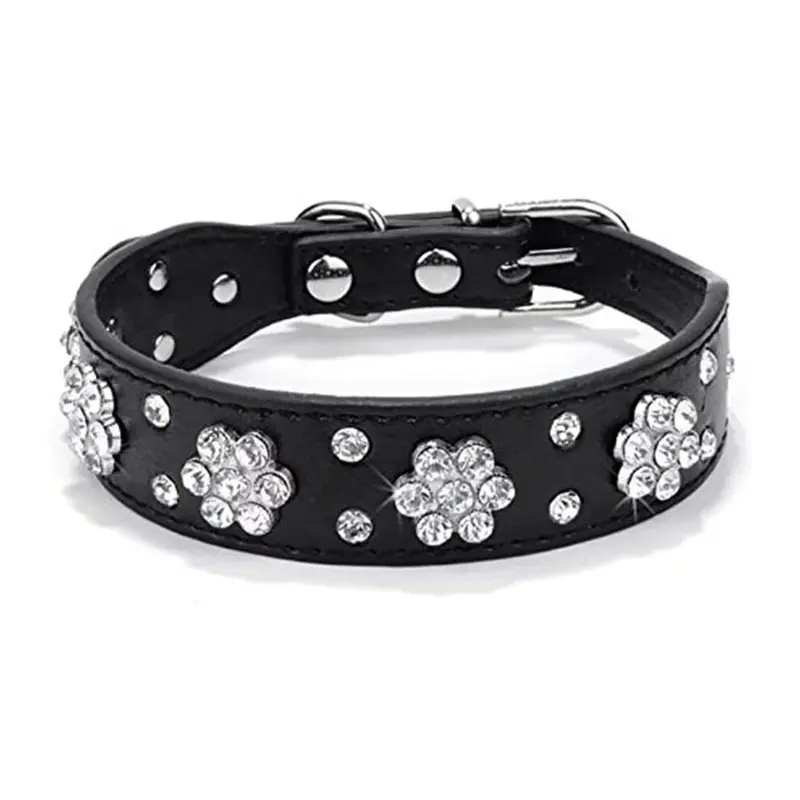 Black Dog Collar With Rhinestones, Synthetic Leather, Adjustable S, M, L, Size 5