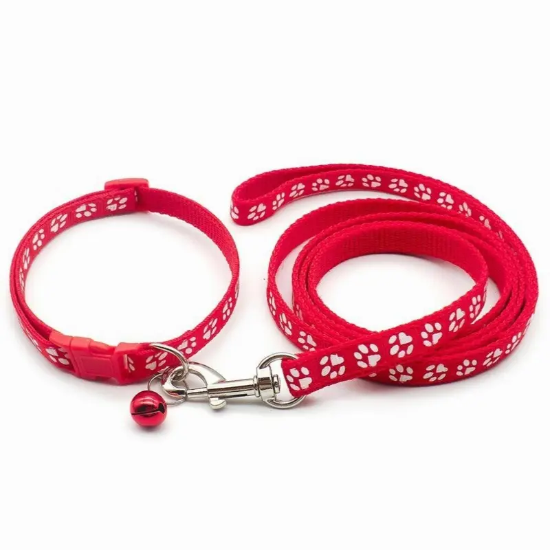 Red Paw Pattern Pet Collar And Leash Set Adjustable Puppy Collar For Outdoor