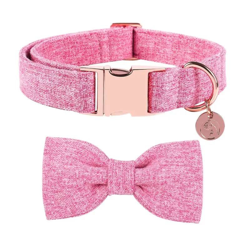 Perro Chino Pink Dogwong Cotton Dog Collar With Bow Pet Collar Durable Adjustable