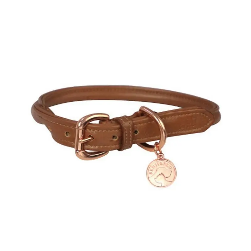 Benji & Flo Gold - Length: 25Cm-38Cm, Tan/Rose ) Superior Leather Dog Collar Small
