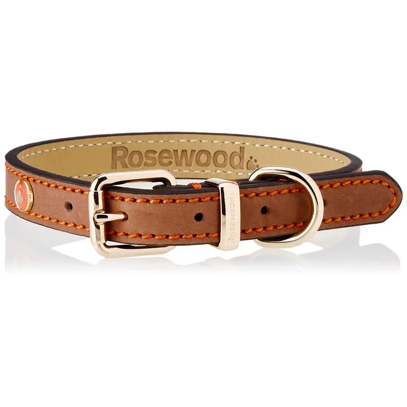Rosewood Luxury Leather Dog Collar, 14-18-inch, Brown