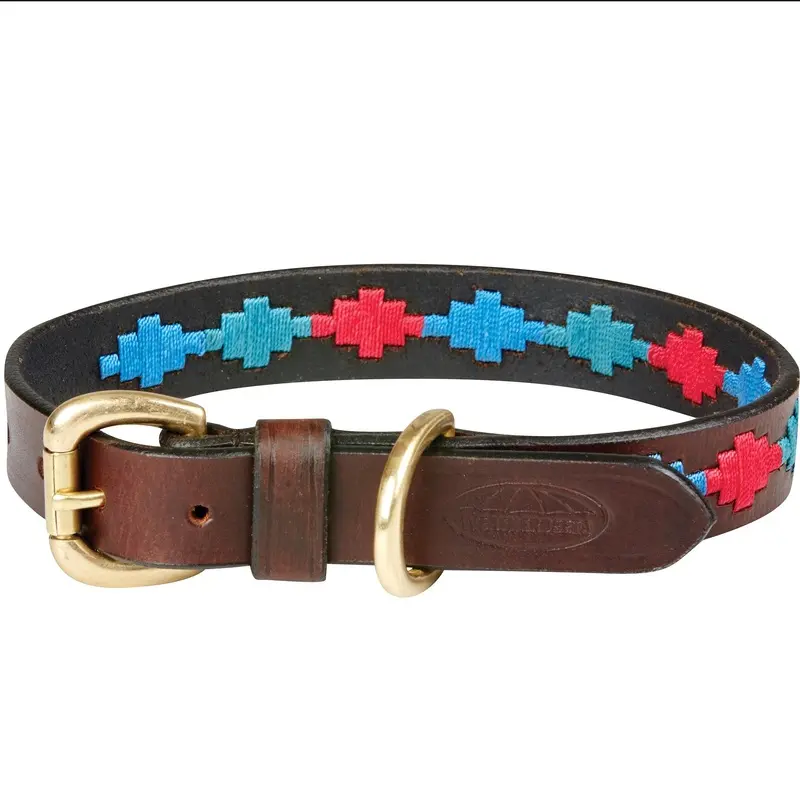 Weatherbeeta Polo Leather Dog Collar Beaufort /Emerald// - Brown/Pink/Blue Large