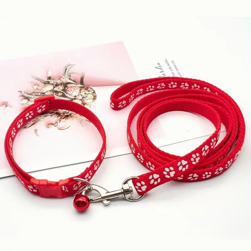 Red Dog And Cat Leash Collar Set Dog Leash Adjustable Buckle Dog Collar Small