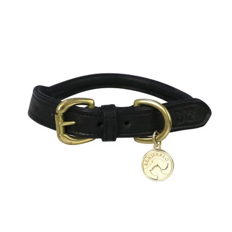 Benji & Flo Black (Xs- Length: 21Cm-34Cm, /Brass) Superior Leather Dog Collar