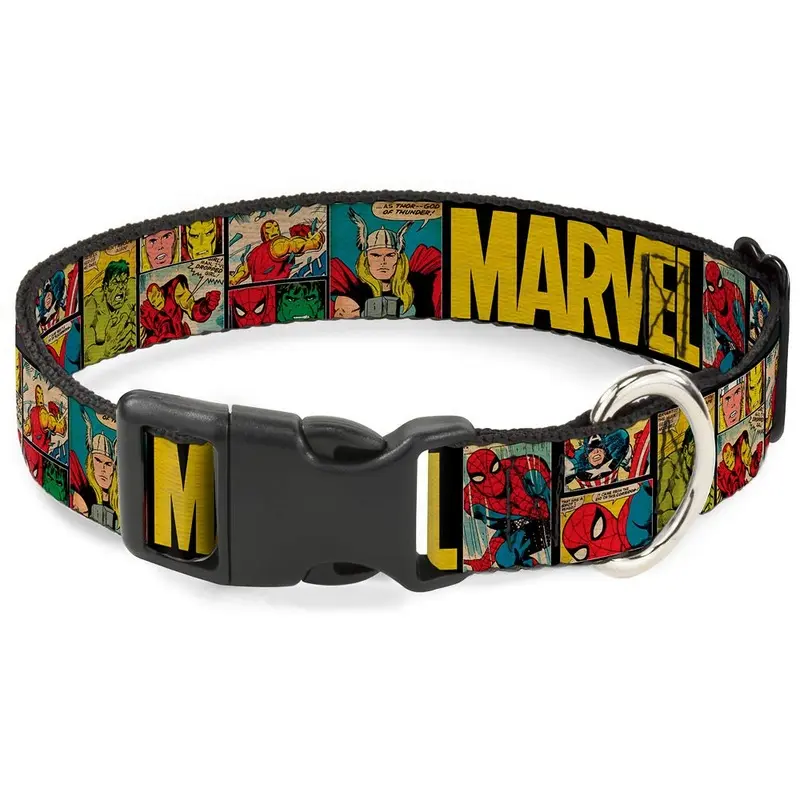 Dog Collar Plastic Clip Marvel Retro Comic Panels Black Yellow 8 To 12" 0.5" Wide