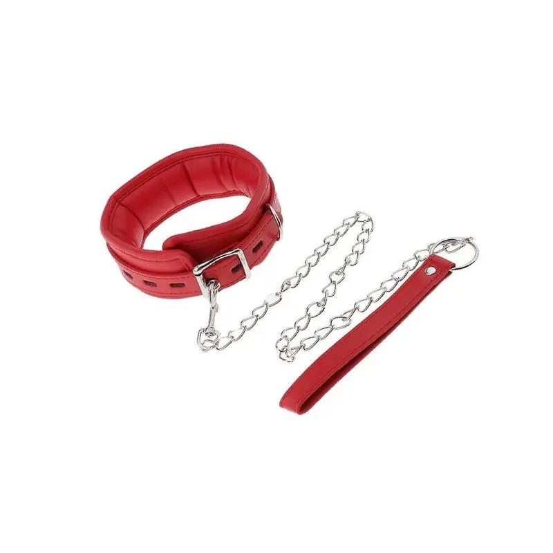 Red Adjustable Pad Leather Collar Choker With Chain Detachable Leash
