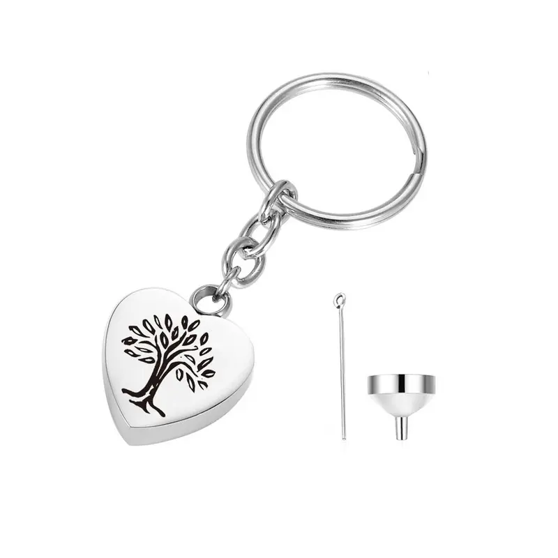 Heart-shaped Tree of Life Cremation urn pendant keychain, stainless steel