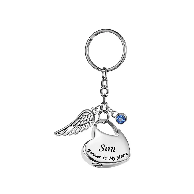 (son) (son) Angel wings urn pendant key ring cremation jewelry ashes stainless steel
