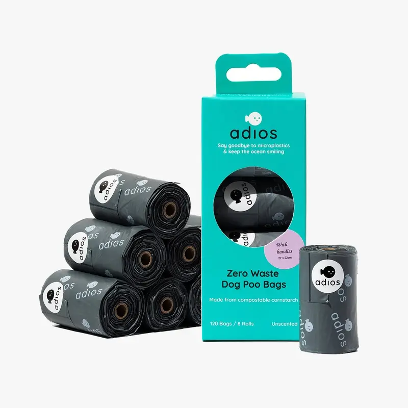 Adios Compostable Dog Poo Bags With Handles in Grey (120 Bags)