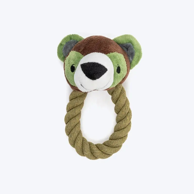 TLC Tug Bear Squeaky Rope Toy For Puppies & Small Dogs - Brown & Green