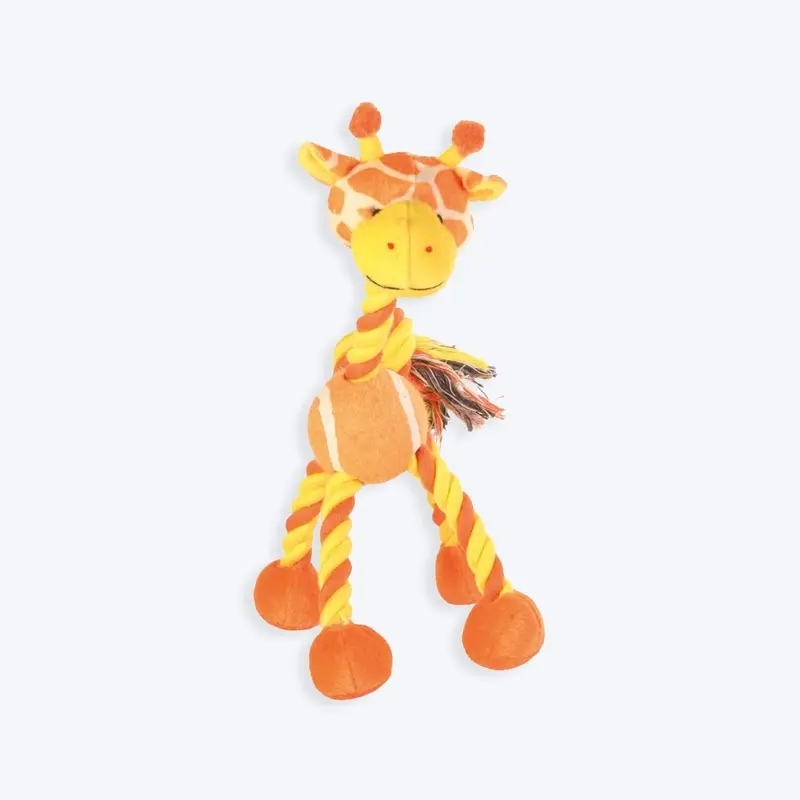 Trixie Animal With Rope Tennis Ball Plush Toy For Dog - Yellow & Orange - 28 cm