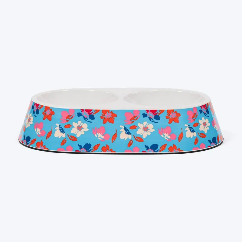 HUFT Summer Bloom Printed Melamine Double Diner For Dog - Blue