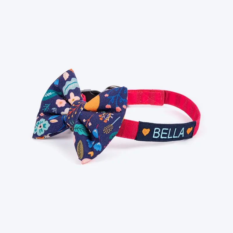 HUFT Personalised Blooming Days Fabric Collar With Bow Tie For Dog - Navy Blue