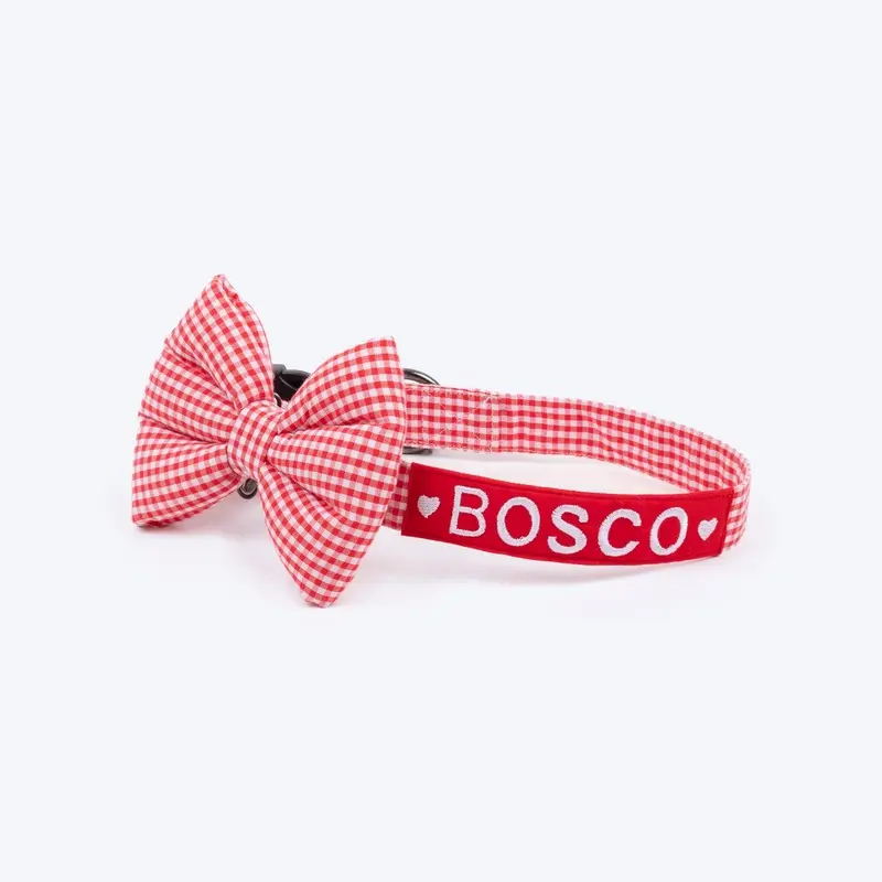 HUFT Personalised Gingham Fabric Collar With Bow Tie For Dog - Red