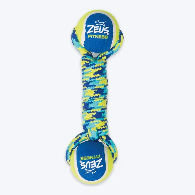 Zeus Fitness Double Tennis Ball Rope Dumbbell Fetch Dog Toy - Geen & Blue