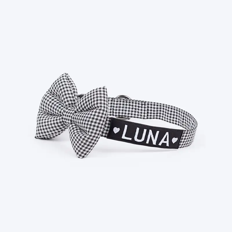 HUFT Personalised Gingham Fabric Collar With Bow Tie For Dog - Black