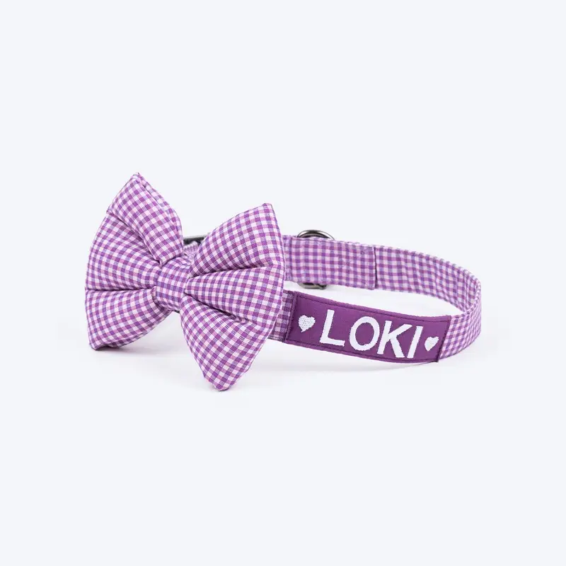HUFT Personalised Gingham Fabric Collar With Bow Tie For Dog - Purple