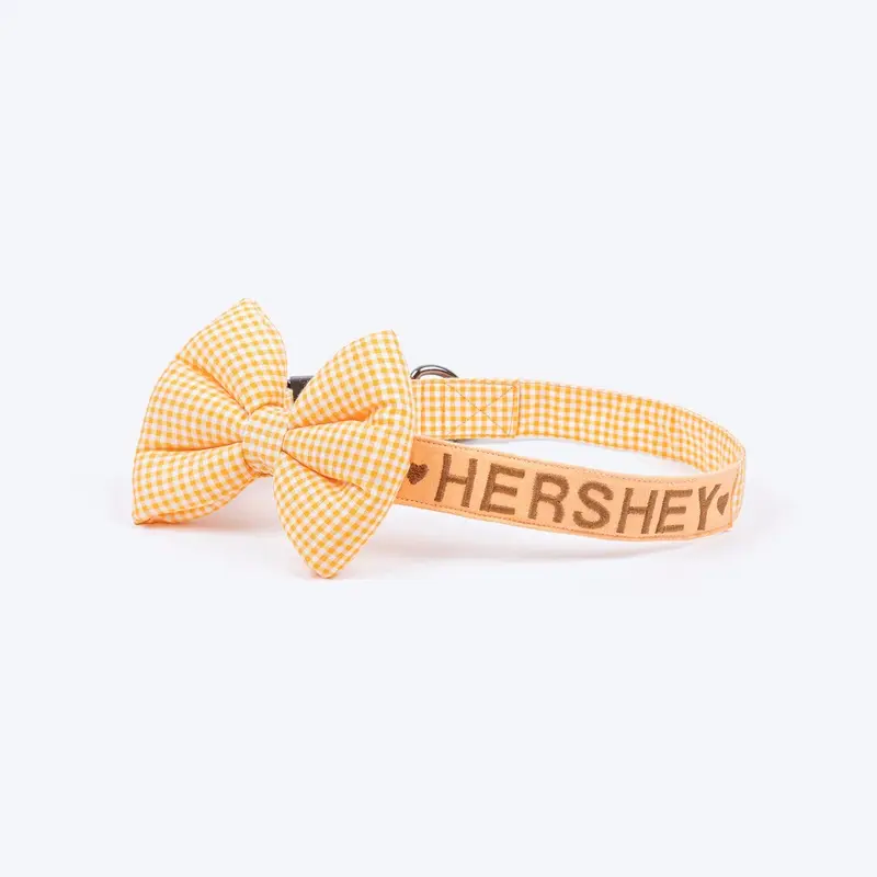 HUFT Personalised Gingham Fabric Collar With Bow Tie For Dog - Yellow