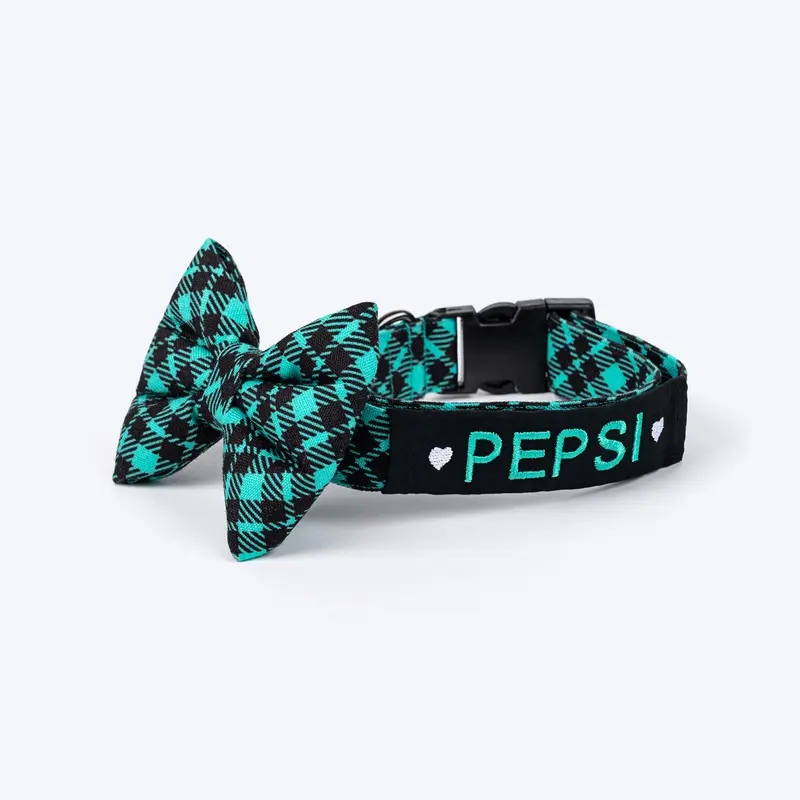 HUFT Personalised Tartan Fabric Collar With Bow Tie For Dog - Blue