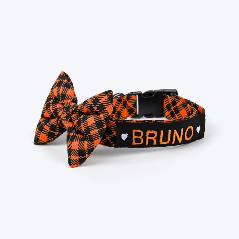 HUFT Personalised Tartan Fabric Collar With Bow Tie For Dog - Orange