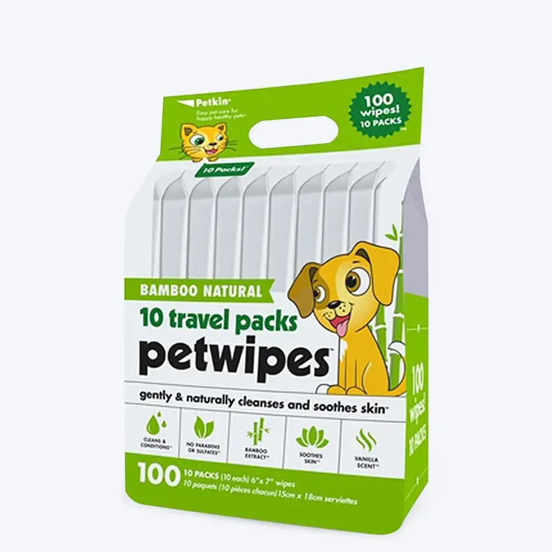 Petkin Bamboo Natural Travel Pack Pet Wipes - 100 pcs
