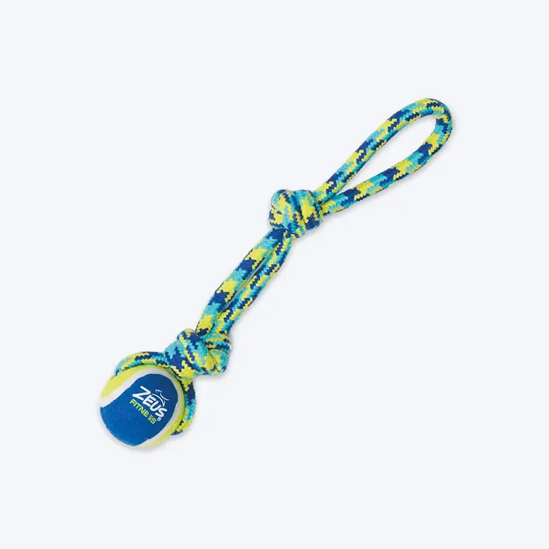 Zeus Fitness Rope With Tennis Ball Tug Fetch Dog Toy - Green & Blue