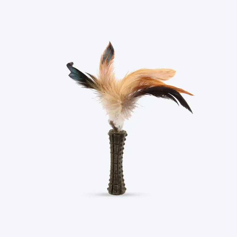 GiGwi Catnip Johnny Stick Cat Toy (with Natural Feathers) - Brown