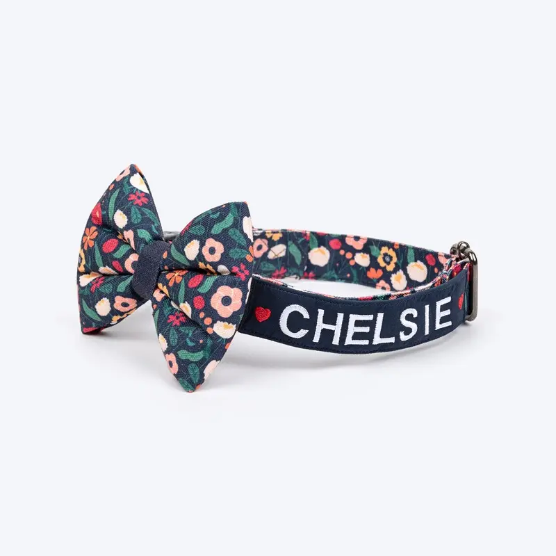 HUFT Personalised Floral Fusion Fabric Collar With Bow Tie For Dog - Ink Blue