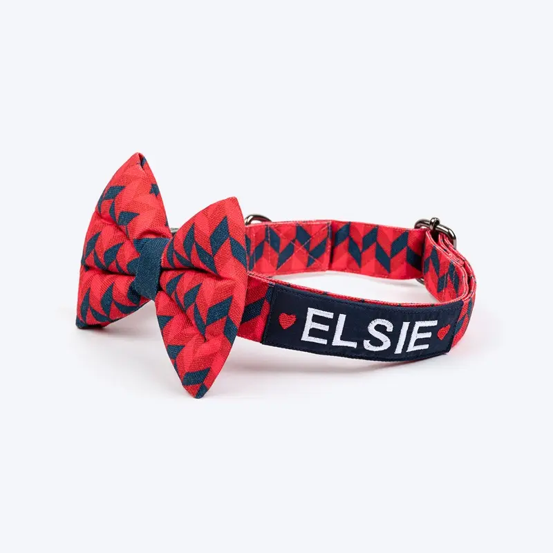 HUFT Personalised Geometric Groove Fabric Collar With Bow Tie For Dog - Red