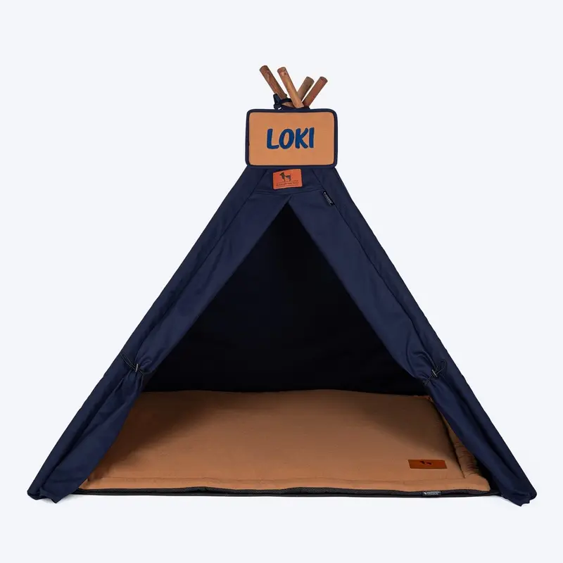 HUFT Personalised Teepee Tent For Dogs and Cats - Navy & Brown