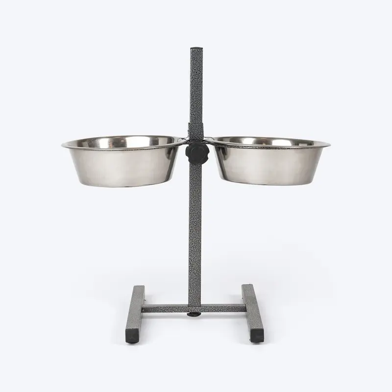 SUPER H Shaped Double Diner Stand With Steel Dog Bowl Inserts - Charcoal Black (Medium)