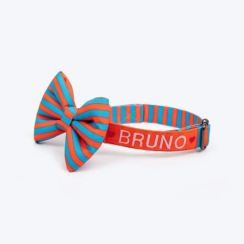 HUFT Personalised Happy Stripes Collar With Bow Tie For Dog - Blue & Orange